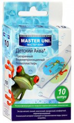 Лейкопластырь бактерицидный детский Master Uni Аква водонепроницаемый прозрачный на полимерной основе с картинками набор 10 шт.